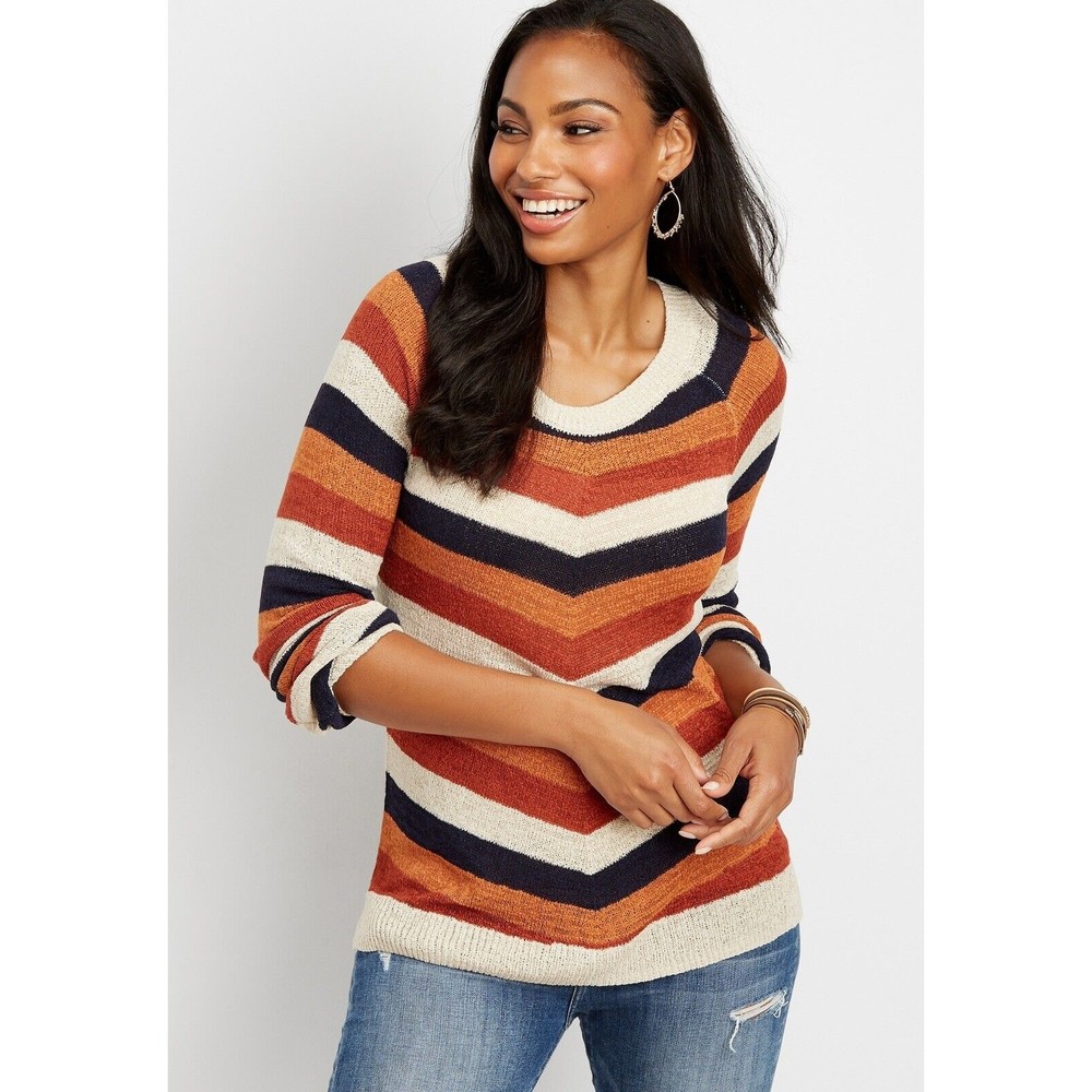 Maurices Sweater Size XL Blue Orange Rust Cream Striped Chevron Lightweight